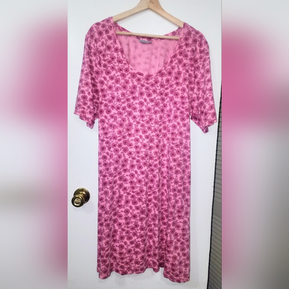 shimera size2X 100% Cotton Pink on Pink Floral Print T-Shirt Dress 3/4 Sleeve